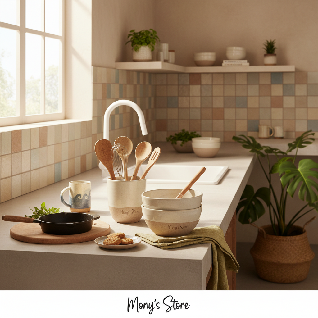 A collection of practical kitchenware arranged on a clean countertop with natural light.