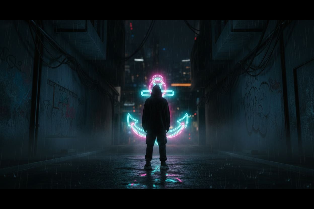 Ancla cyberpunk iluminada en rosa y cian